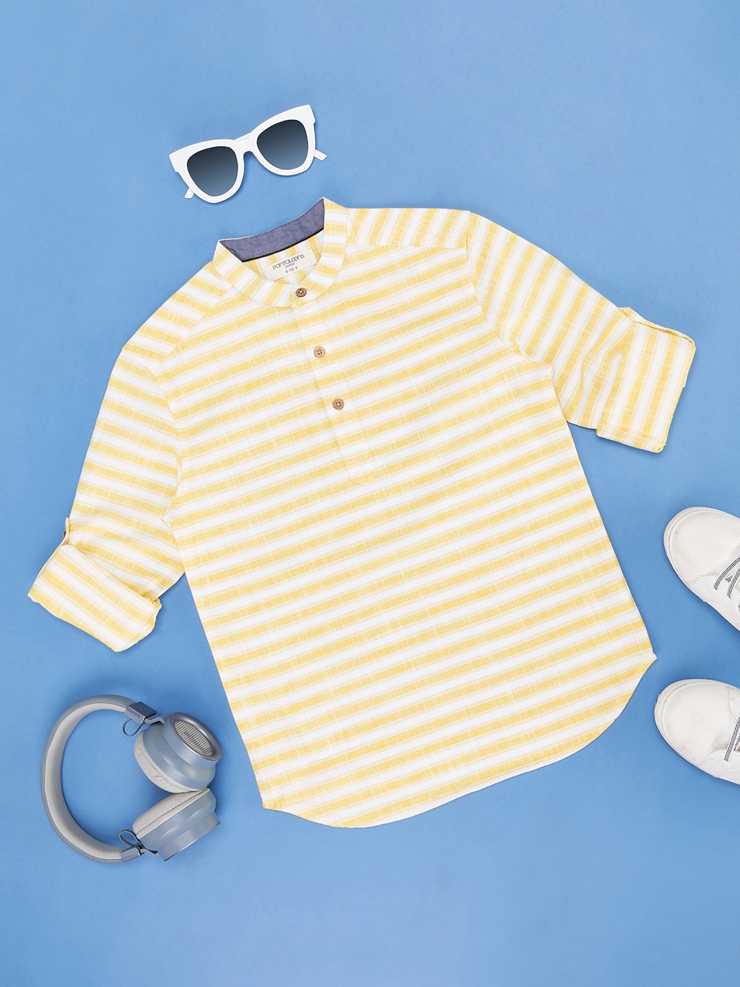 Pantaloons Junior Boys Horizontal Stripes Roll Up Sleeves Pure Cotton Casual Shirt, Yellow