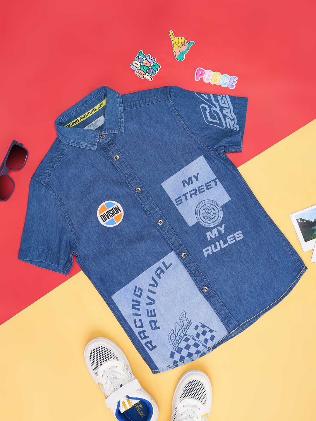 

Pantaloons Junior Boys Typography Printed Cotton Denim Shirt, Blue