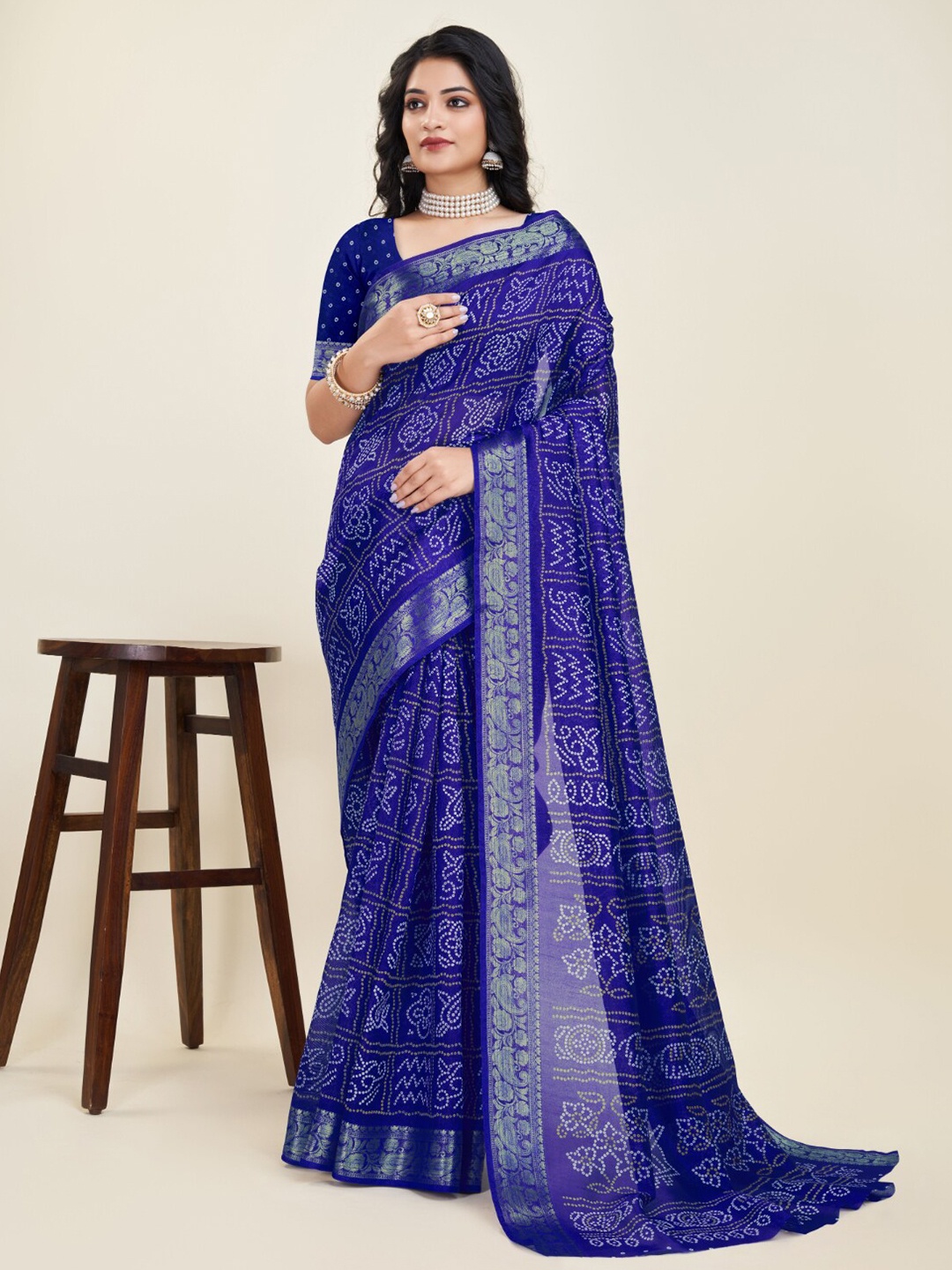 

Sitanjali Bandhani Printed Zari Silk Cotton Saree, Blue