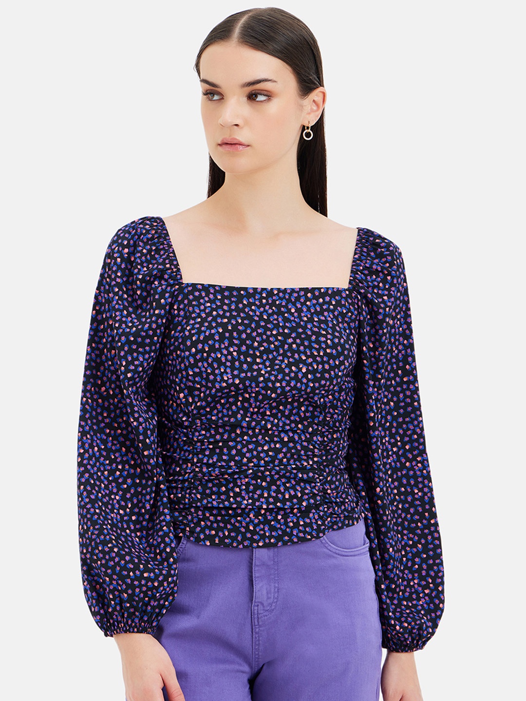 

Kazo Floral Printed Square Neck Puff Sleeves Top, Purple