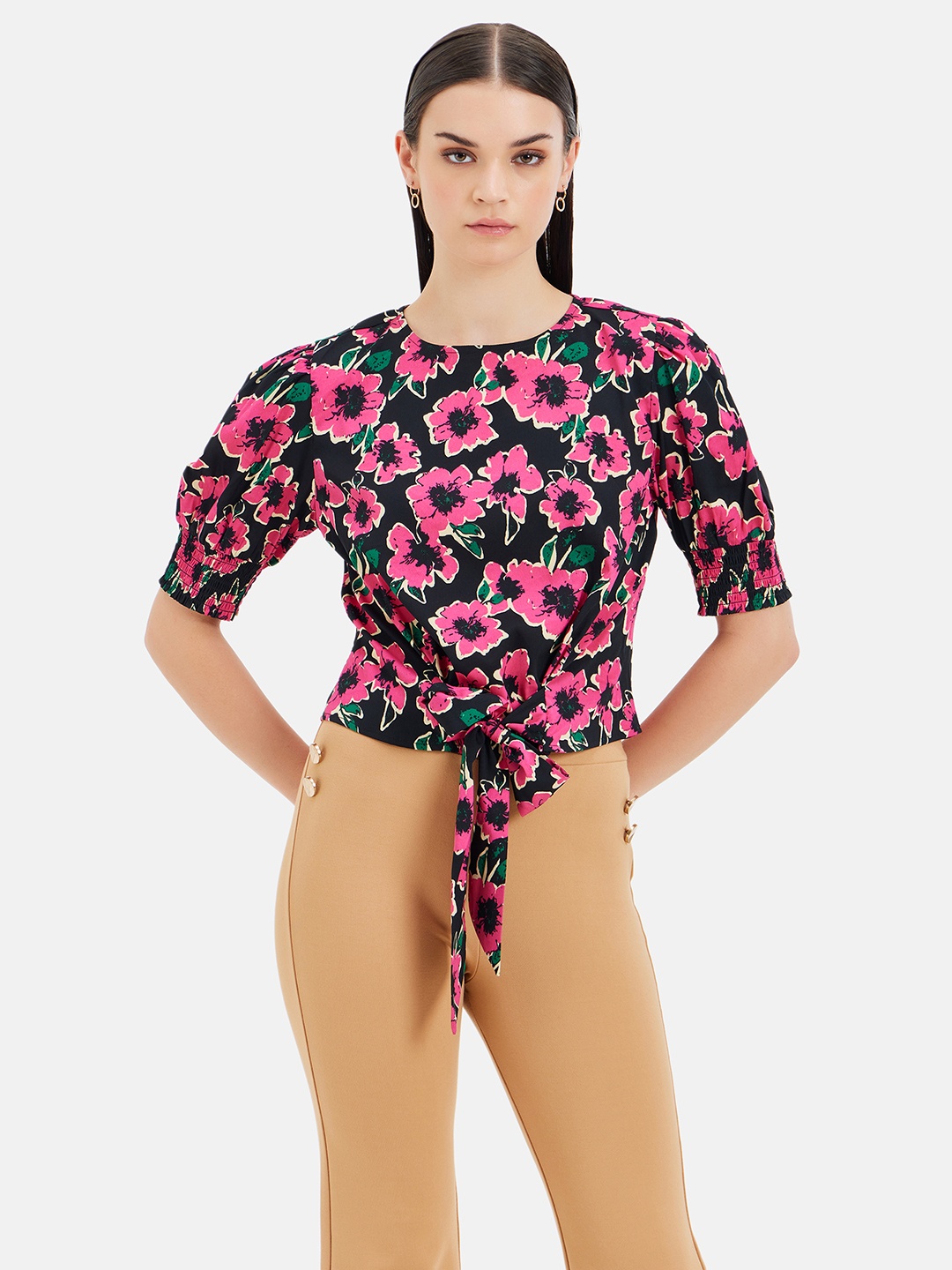 Kazo Floral Printed Puff Sleeves Tie-Up Neck Crop Top, Black