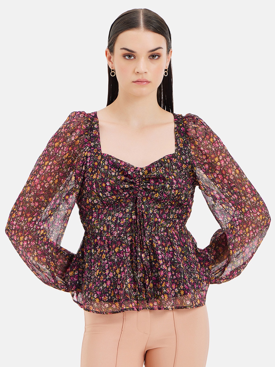 

Kazo Floral Printed Sweetheart Neck Chiffon Cinched Waist Top, Pink