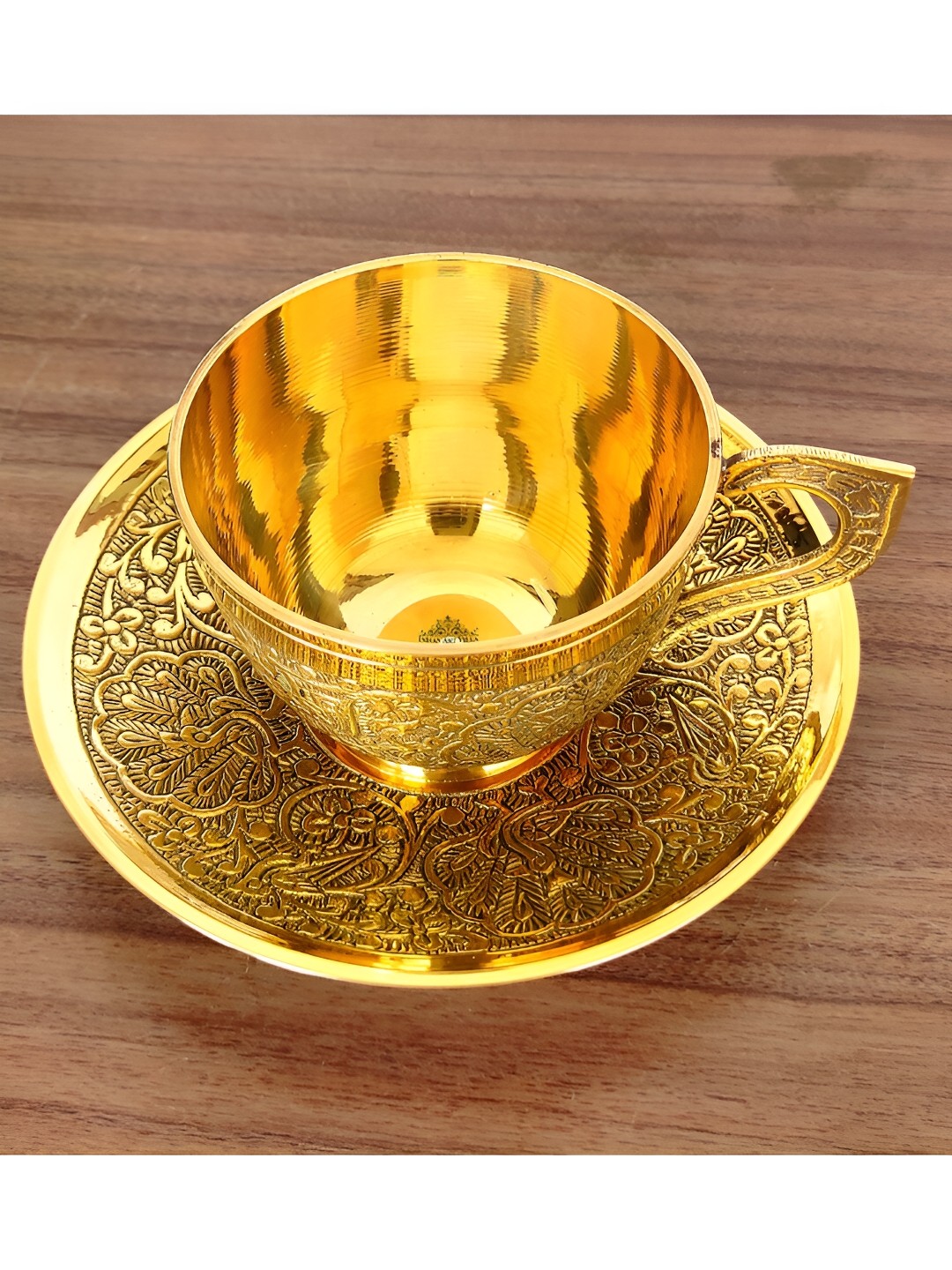 

INDIAN ART VILLA GoldToned 2 Pieces Textured Brass Glossy Core Set of Cup & Saucer 150 ml, Gold