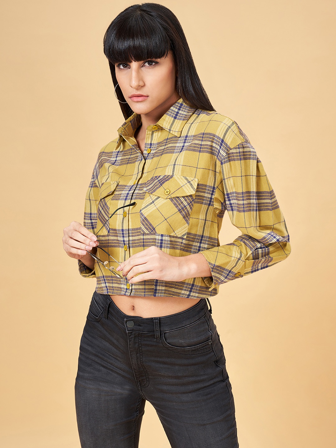 

SF JEANS by Pantaloons Tartan Checks Spread Collar Long Sleeves Cotton Casual Shirt, Olive