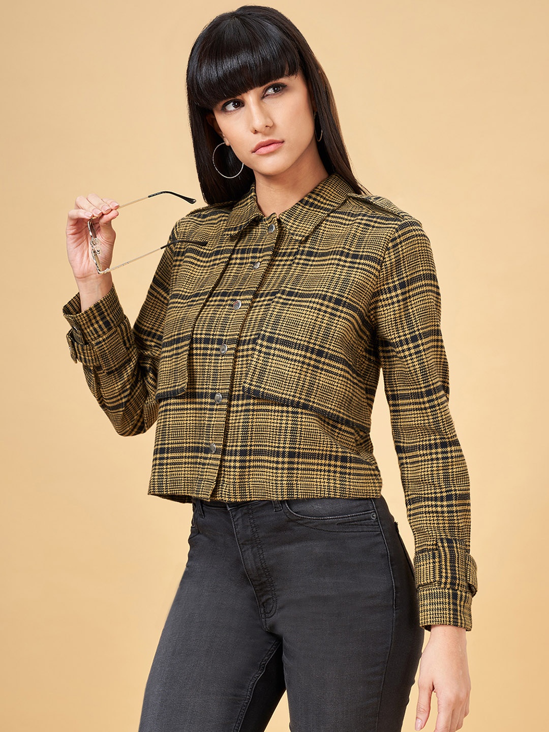 

SF JEANS by Pantaloons Tartan Checks Spread Collar Cotton Crop Shacket, Olive