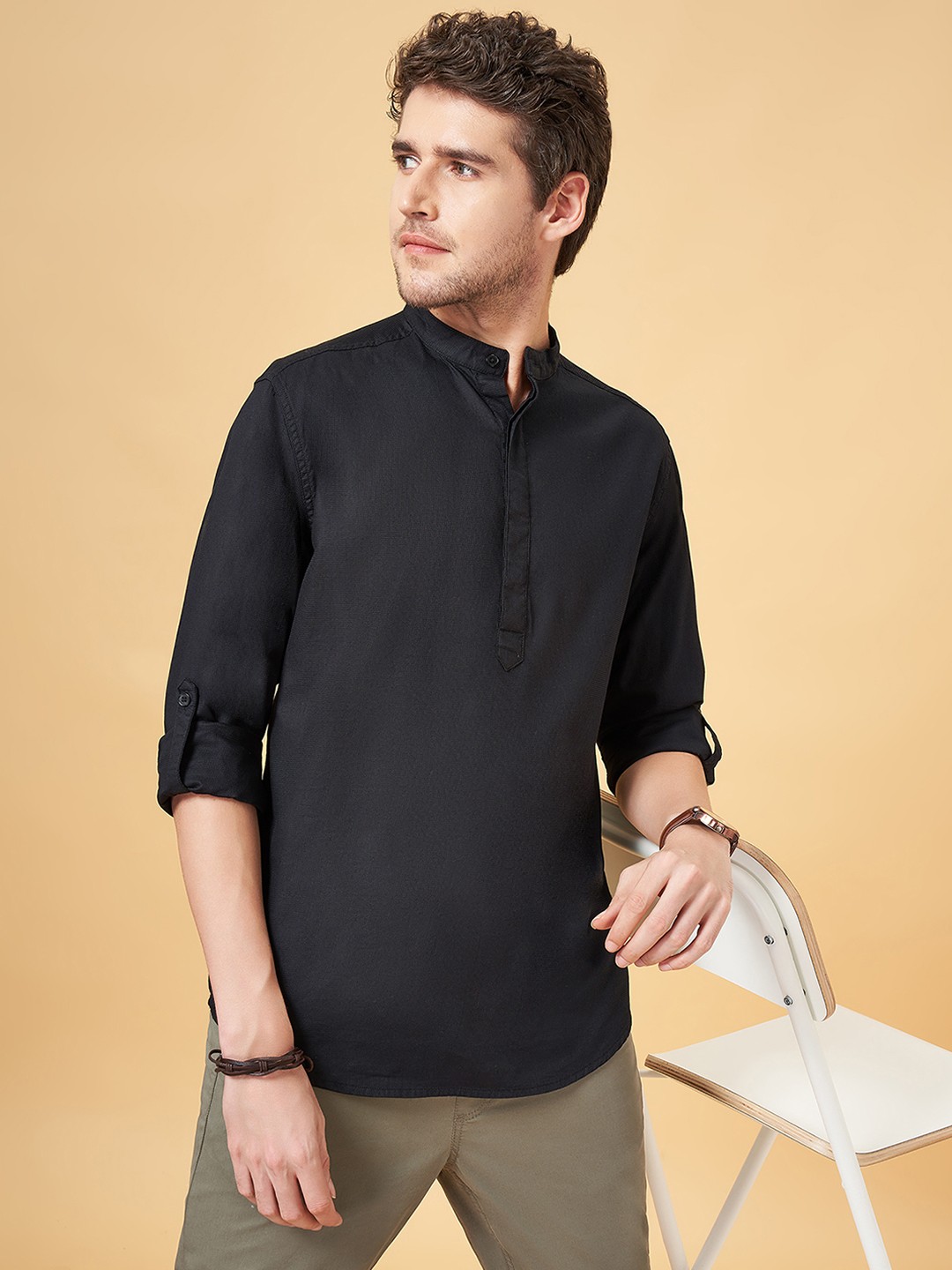 Urban Ranger by pantaloons Slim Fit Band Collar Roll-Up Sleeves Pure Cotton Casual Shirt, Black