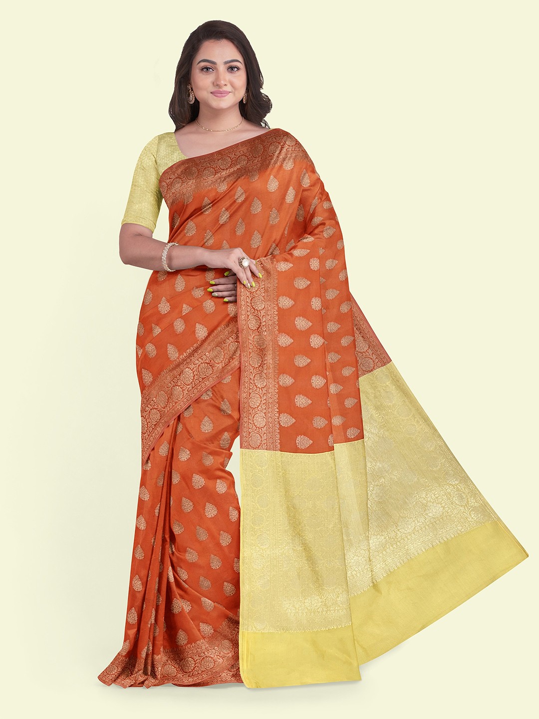 

Muskan Fashion Ethnic Motifs Woven Design Zari Silk Cotton Banarasi Saree, Orange