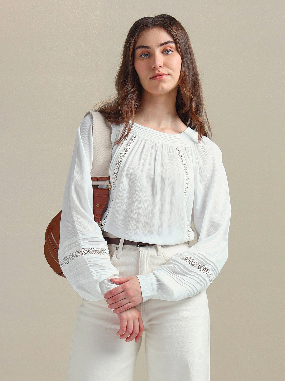

U.S. Polo Assn. Women Square Neck Cuffed Sleeves Lace Inserts Top, White