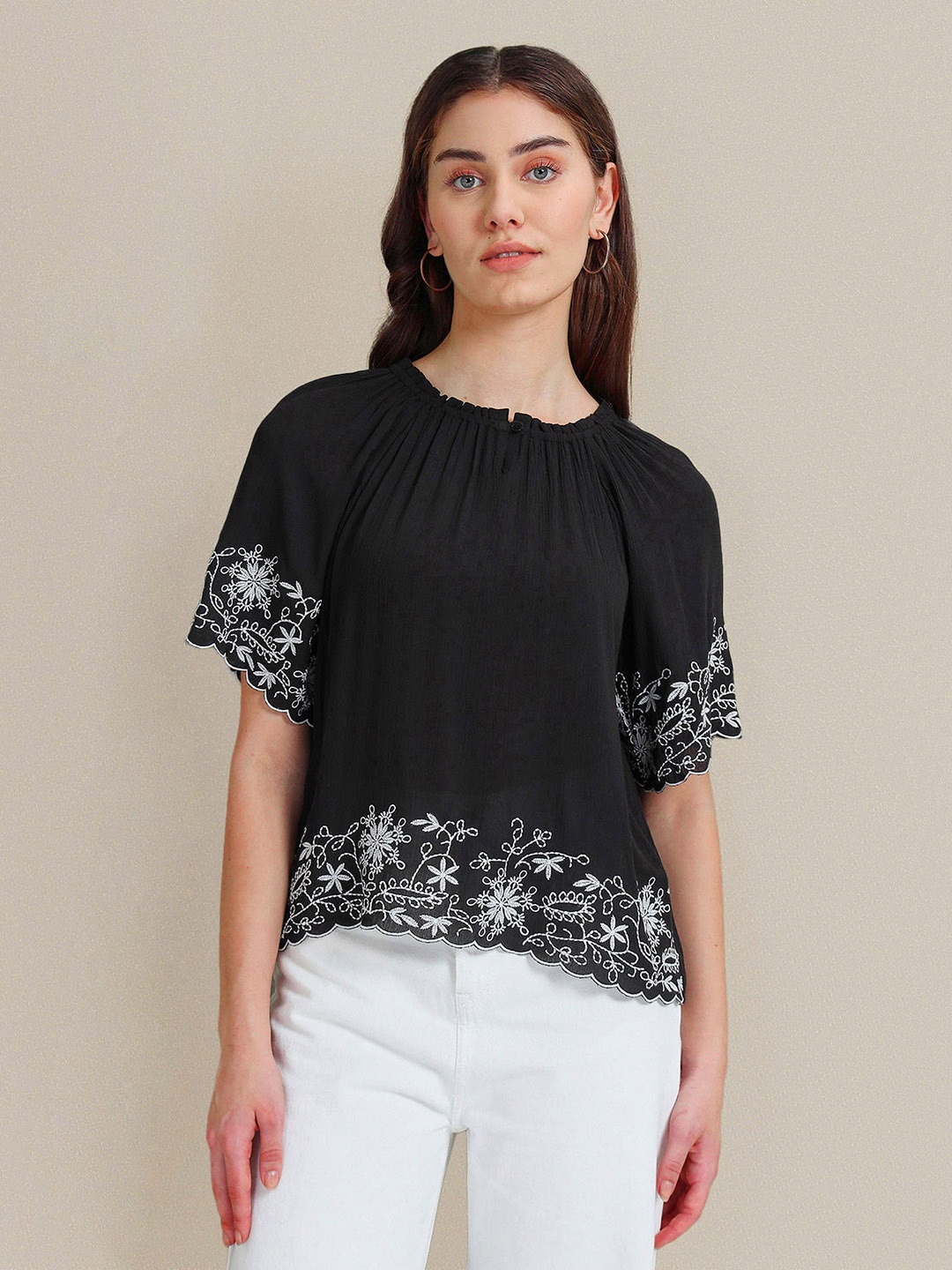 

U.S. Polo Assn. Women Floral Embroidered Crepe Top, Black