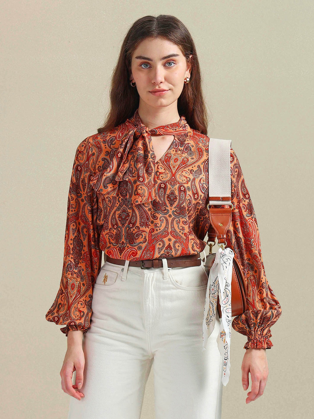 

U.S. Polo Assn. Women Ethnic Motifs Printed Tie Up Neck Top, Orange