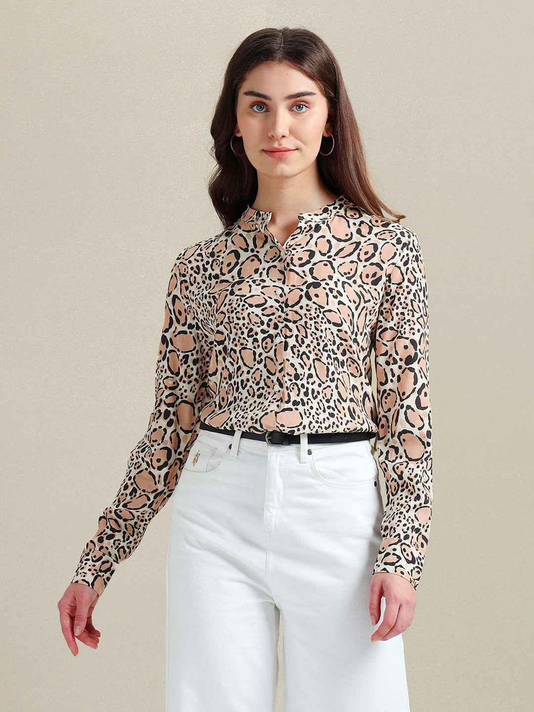 

U.S. Polo Assn. Women Animal Printed Band Collar Casual Shirt, Brown