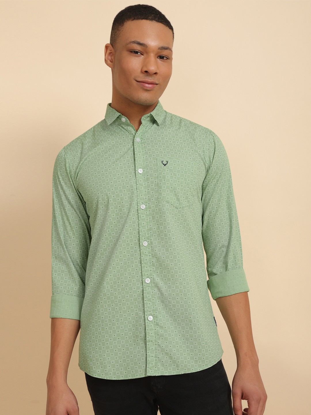 Allen Solly Custom Fit Printed Pure Cotton Casual Shirt, Green