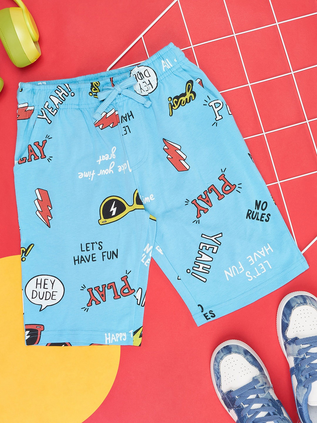 

Pantaloons Junior Boys Conversational Printed Cotton Shorts, Turquoise blue