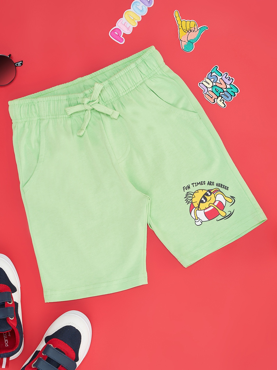 

Pantaloons Junior Boys Printed Mid Rise Pure Cotton Shorts, Green