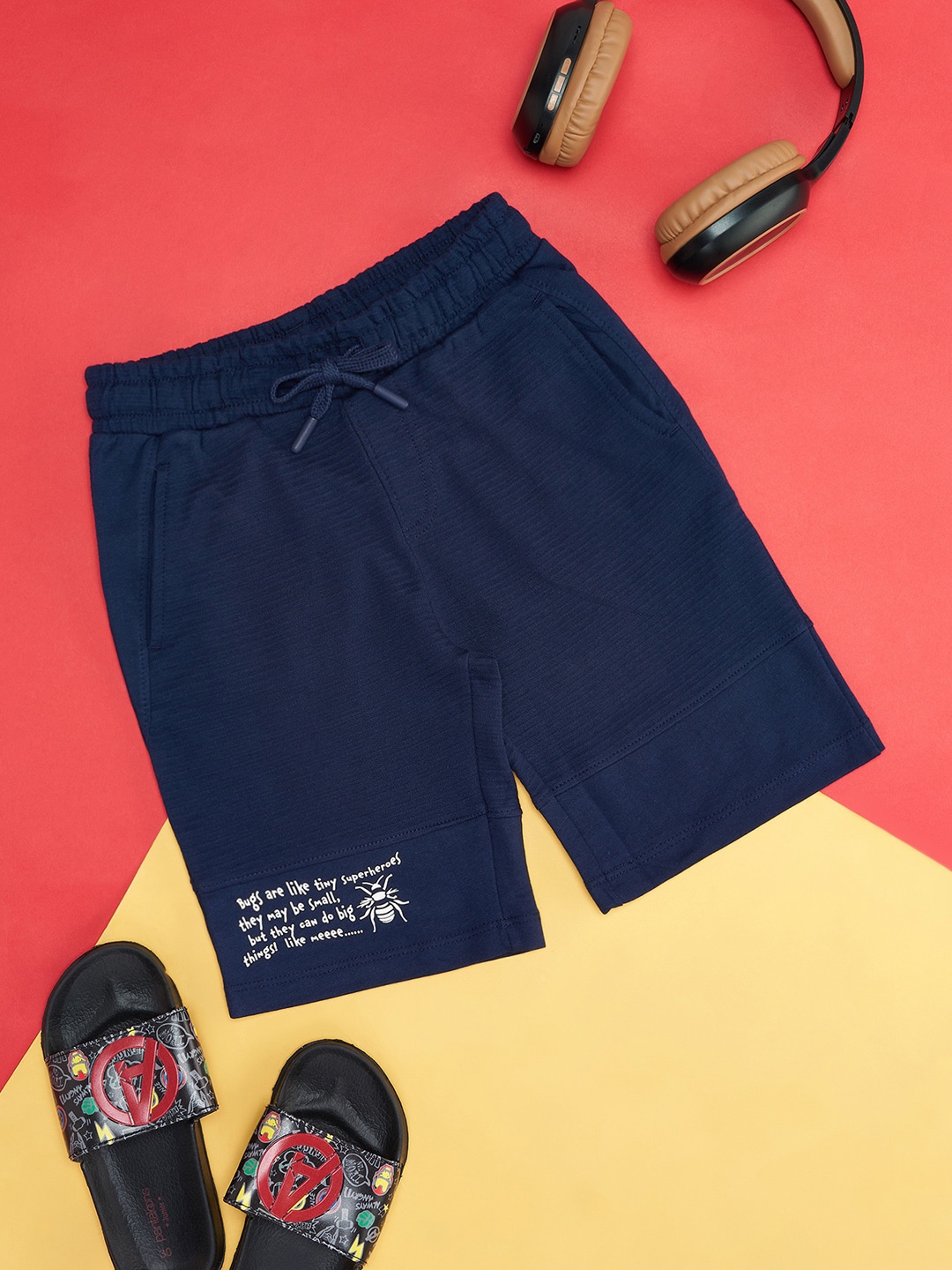Pantaloons Junior Boys Printed Mid Rise Pure Cotton Shorts, Navy blue