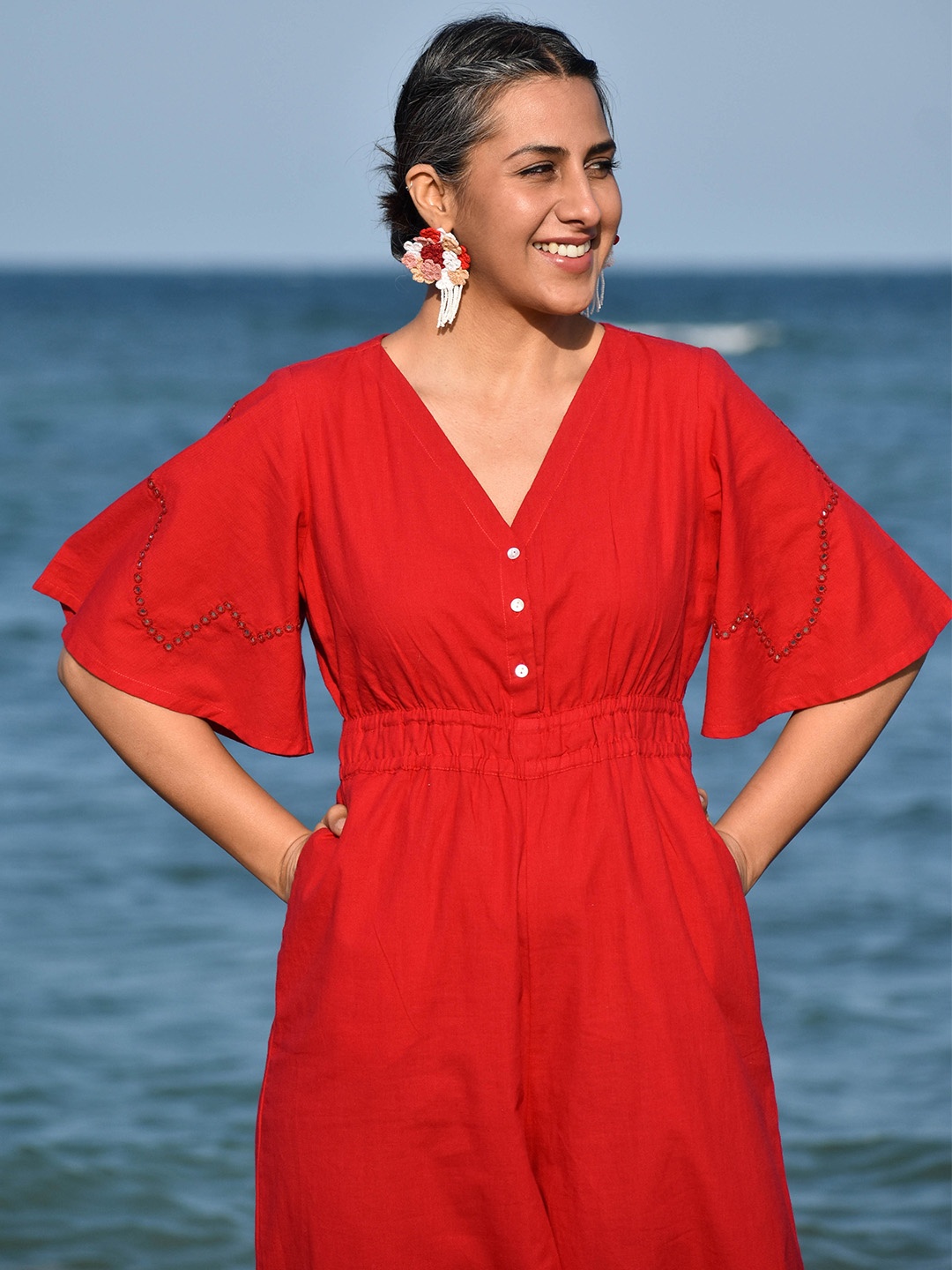 OKHAI V-Neck Mirror Work Pure Cotton Basic Jumpsuit, Red