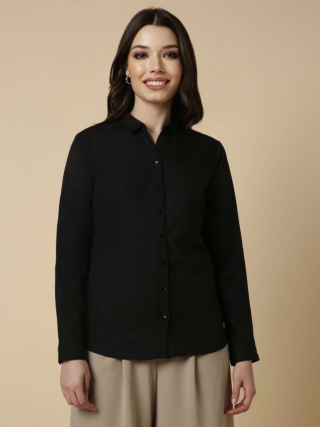 

Allen Solly Woman Mandarin Collar Long Sleeves Formal Shirt, Black