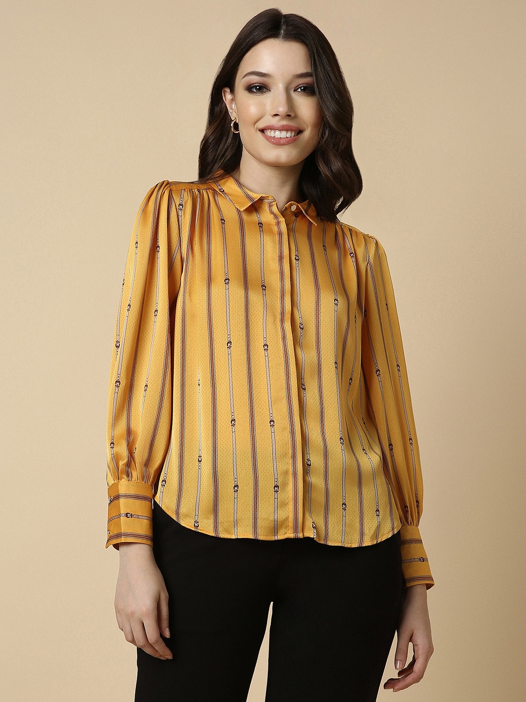

Allen Solly Woman Tailored Fit Vertical Stripes Spread Collar Long Sleeves Casual Shirt, Yellow