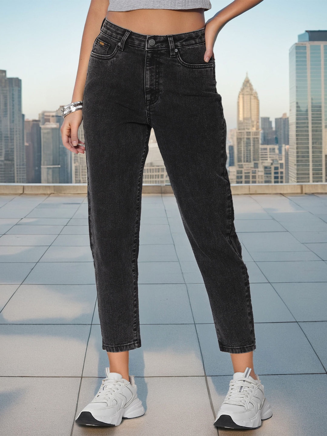 

Flying Machine Women Mom Fit High-Rise Stretchable Cropped Jeans, Black