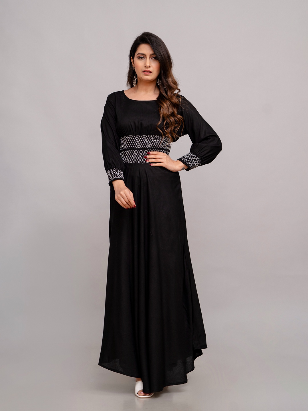 

FrionKandy Round Neck Smocked Maxi Dress, Black
