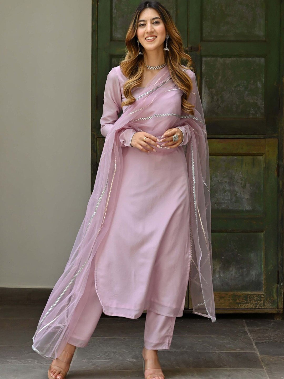 

Tulip Eden Round Neck Long Sleeves Straight Kurta With Trouser & Dupatta, Lavender