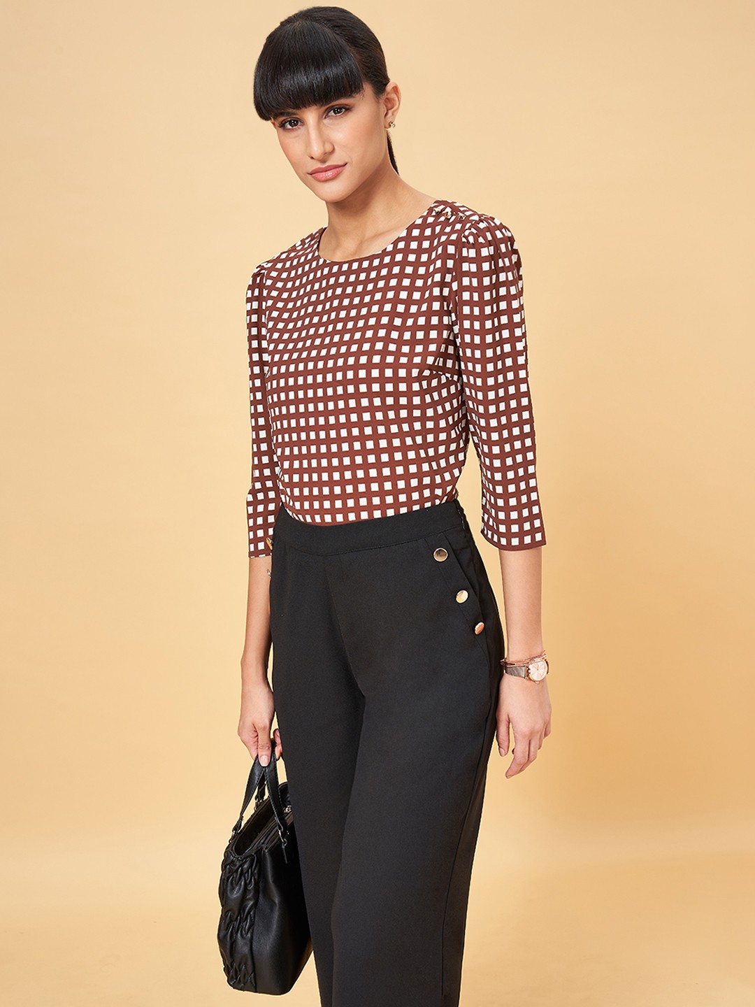 Annabelle by Pantaloons Geometric Printed Puff Sleeves Top, Brown