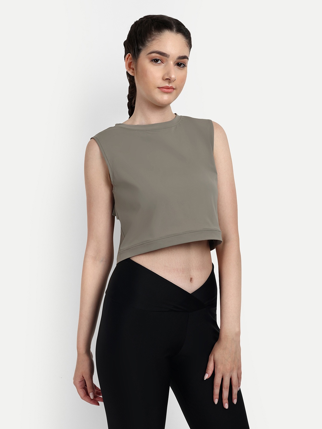 PANDORNA Round Neck Cut Out Detail Styled Back Crop Top, Green