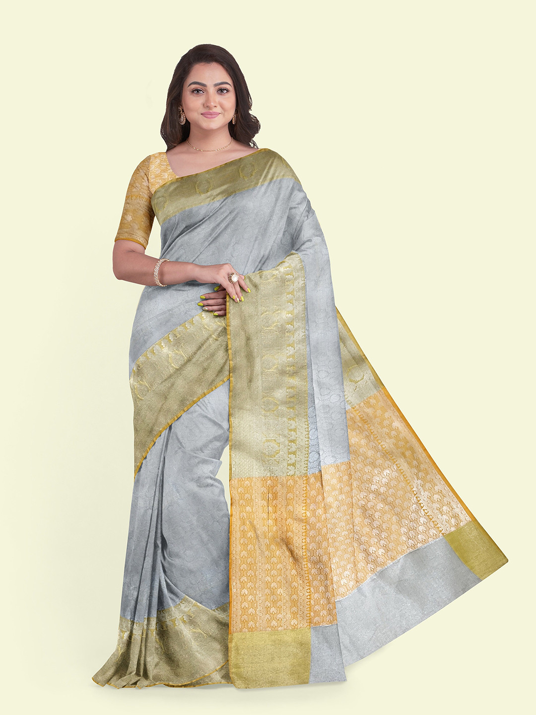 

Muskan Fashion Ethnic Motifs Woven Design Zari Tissue Banarasi Saree, Steel