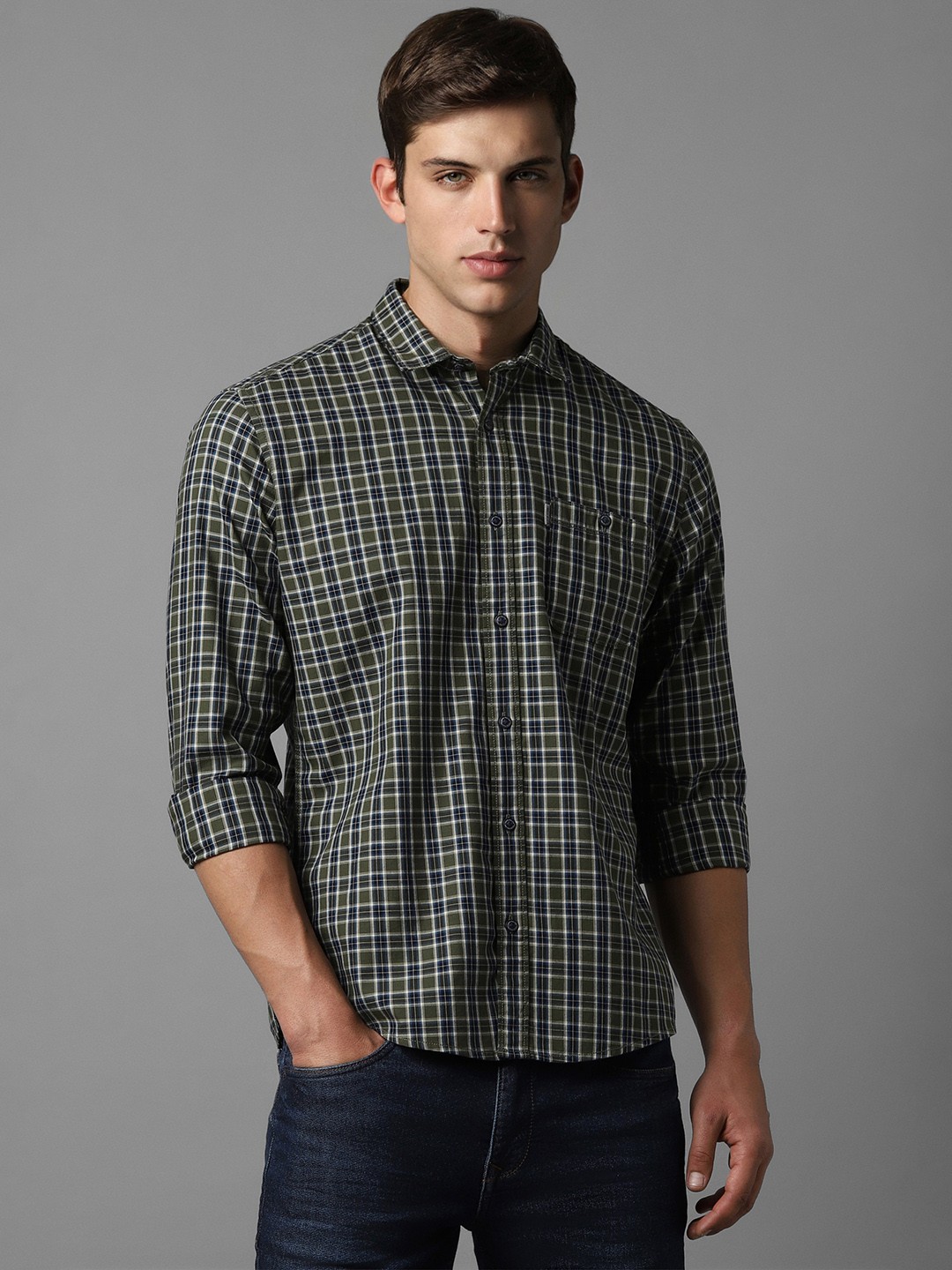 

Louis Philippe Jeans Slim Fit Checked Spread Collar Long Sleeves Cotton Casual Shirt, Green