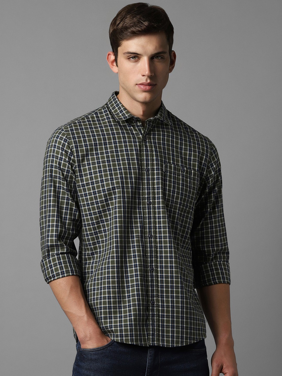 

Louis Philippe Jeans Slim Fit Checked Pure Cotton Casual Shirt, Green
