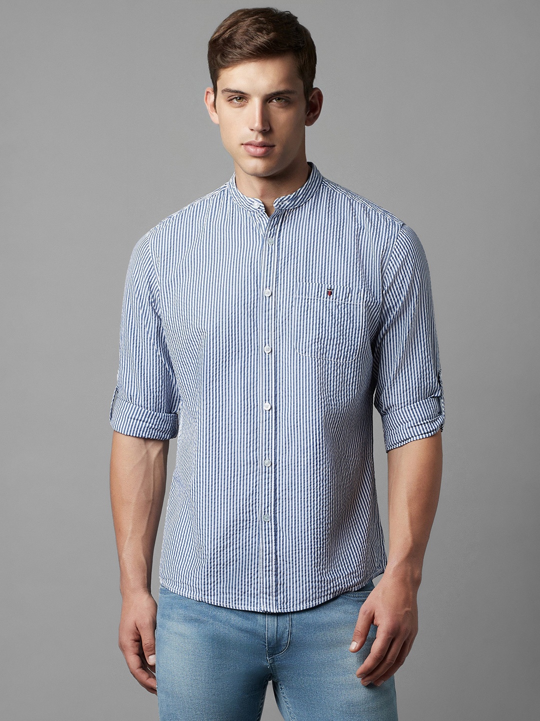 

Louis Philippe Jeans Slim Fit Striped Pure Cotton Casual Shirt, Blue