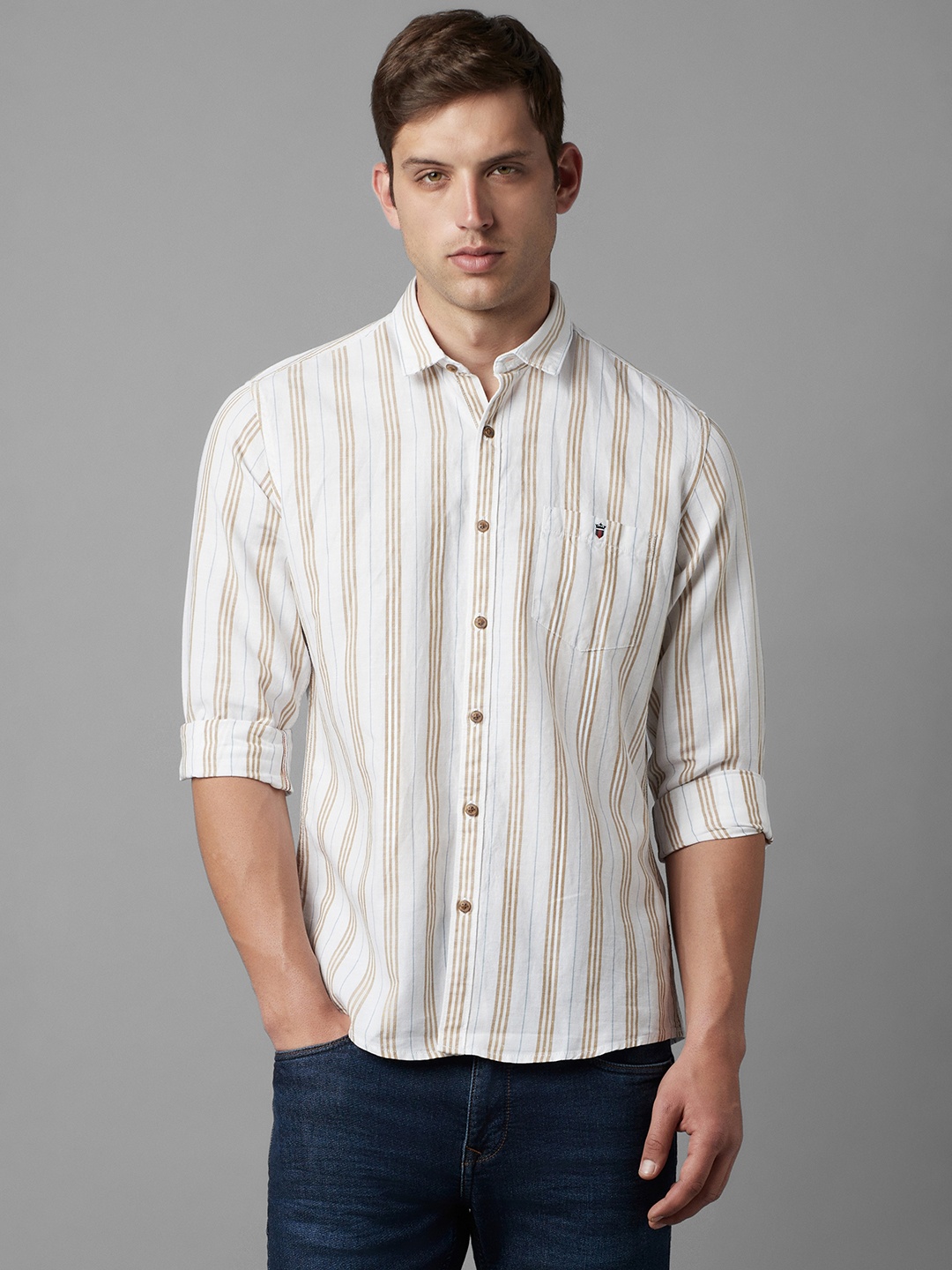 

Louis Philippe Jeans Slim Fit Striped Linen Cotton Casual Shirt, White