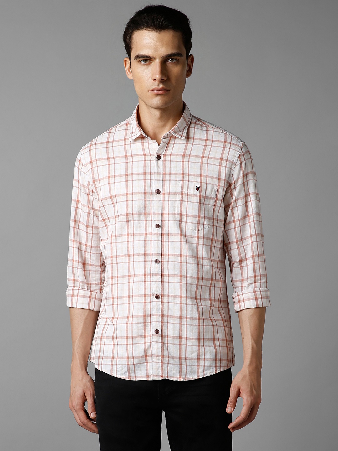 Louis Philippe Jeans Slim Fit Checked Cotton Linen Casual Shirt, White