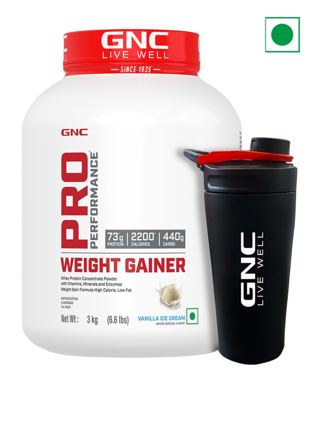 

GNC Set of Vanilla Ice Cream Flavour Pro Performance Weight Gainer - 3 kg & Steel Shaker, Red