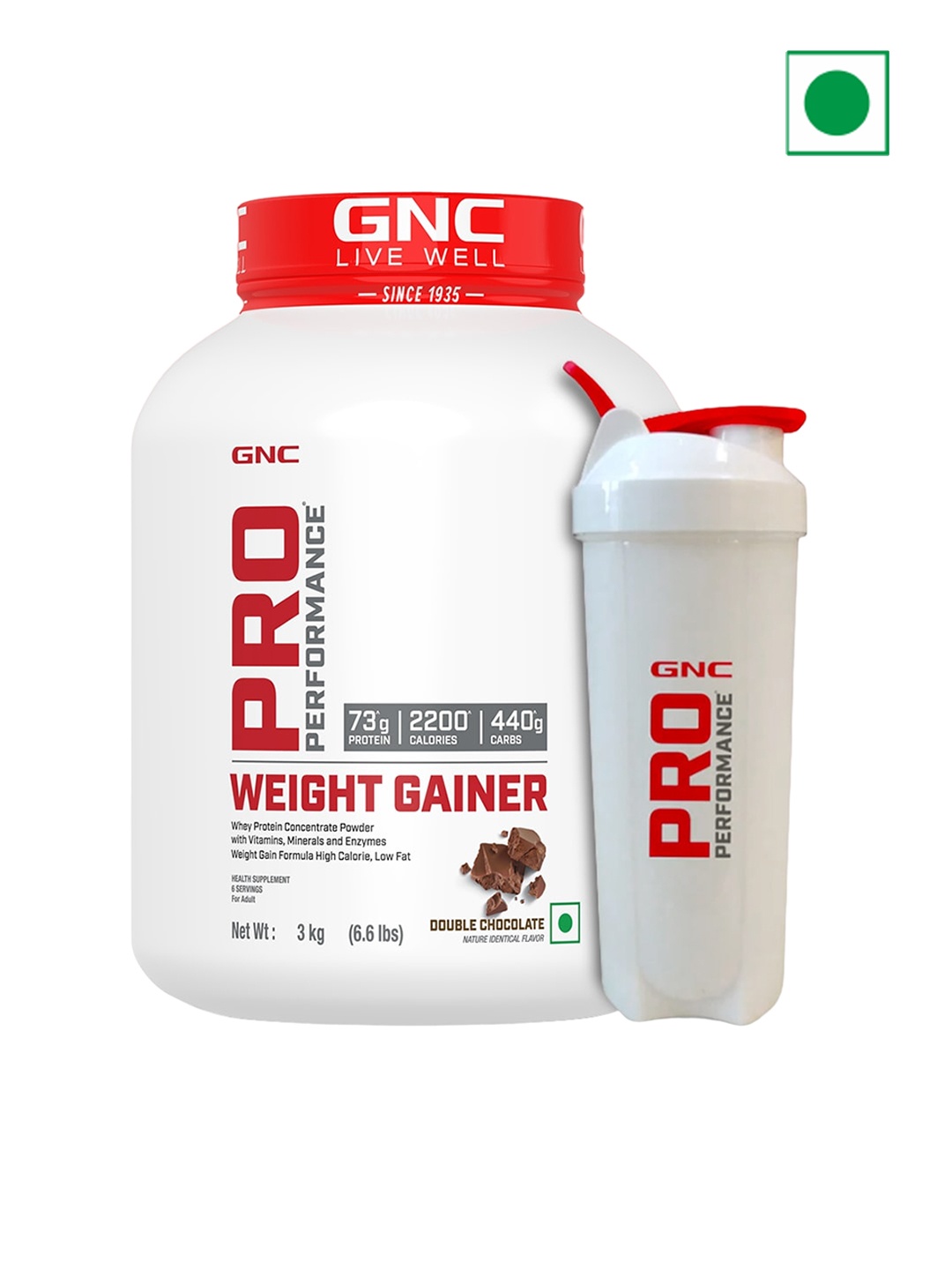 

GNC Set of Double Chocolate Flavour Pro Performance Weight Gainer - 3 kg & Shaker - White, Red