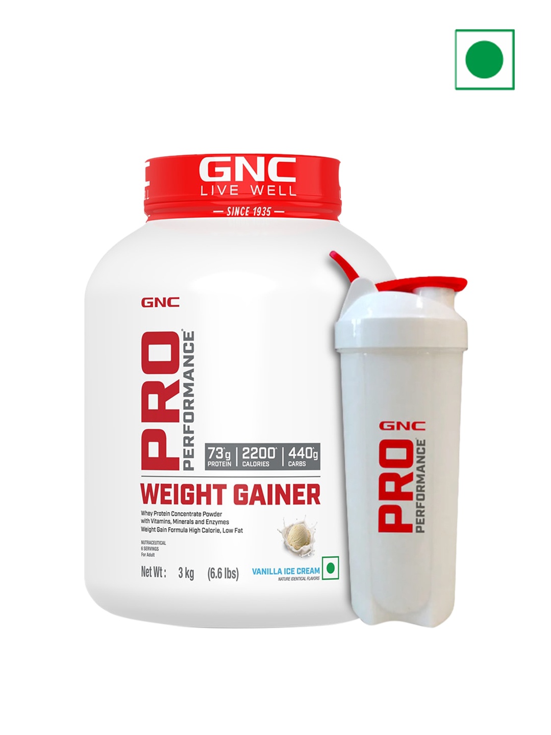 

GNC Set of Vanilla Ice Cream Flavour Pro Performance Weight Gainer - 3 kg & Shaker - White, Red