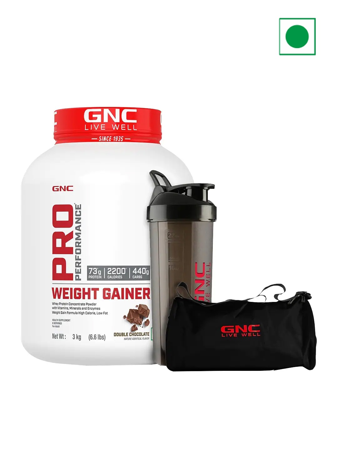 

GNC Set of Double Chocolate Pro Performance Weight Gainer 3 kg & Shaker with Gym Bag, Red