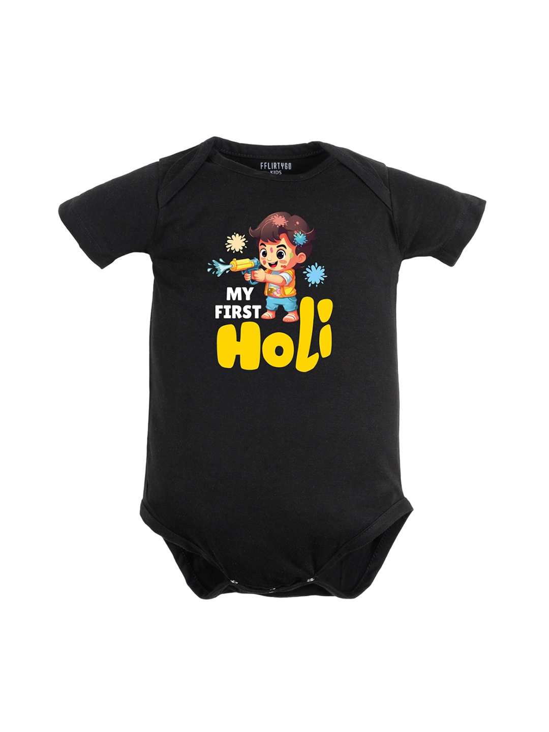 

FFLIRTYGO Infants Holi Printed Pure Cotton Bodysuit, Black