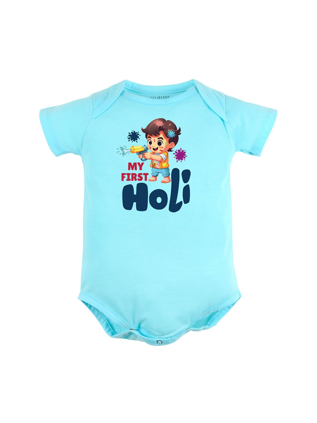 

FFLIRTYGO Infants Typography Printed Holi Special Pure Cotton Bodysuit, Turquoise blue