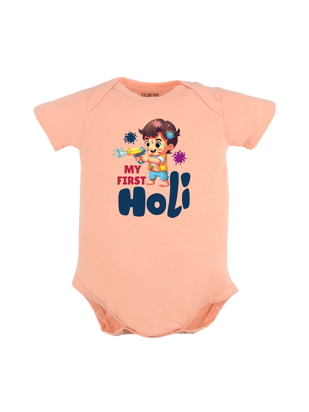 

FFLIRTYGO Infants Typography Printed Holi Special Pure Cotton Bodysuit, Peach