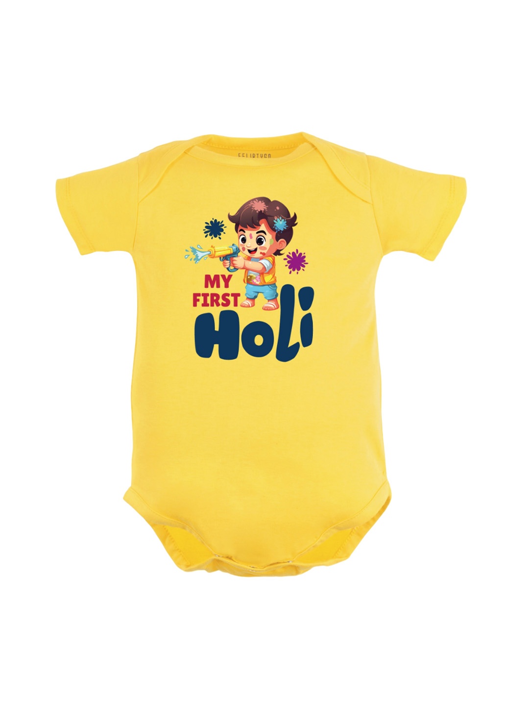 

FFLIRTYGO Infants Typography Printed Holi Special Pure Cotton Bodysuit, Yellow