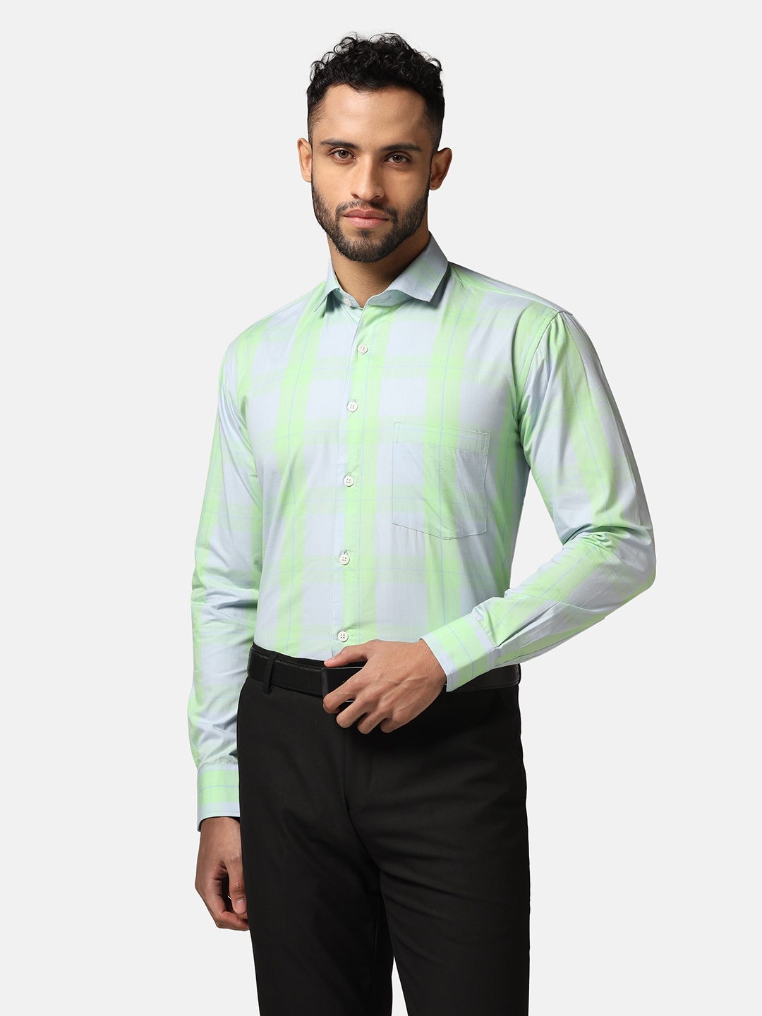 

TAHVO India Slim Checked Spread Collar Long Sleeves Cotton Casual Shirt, Green