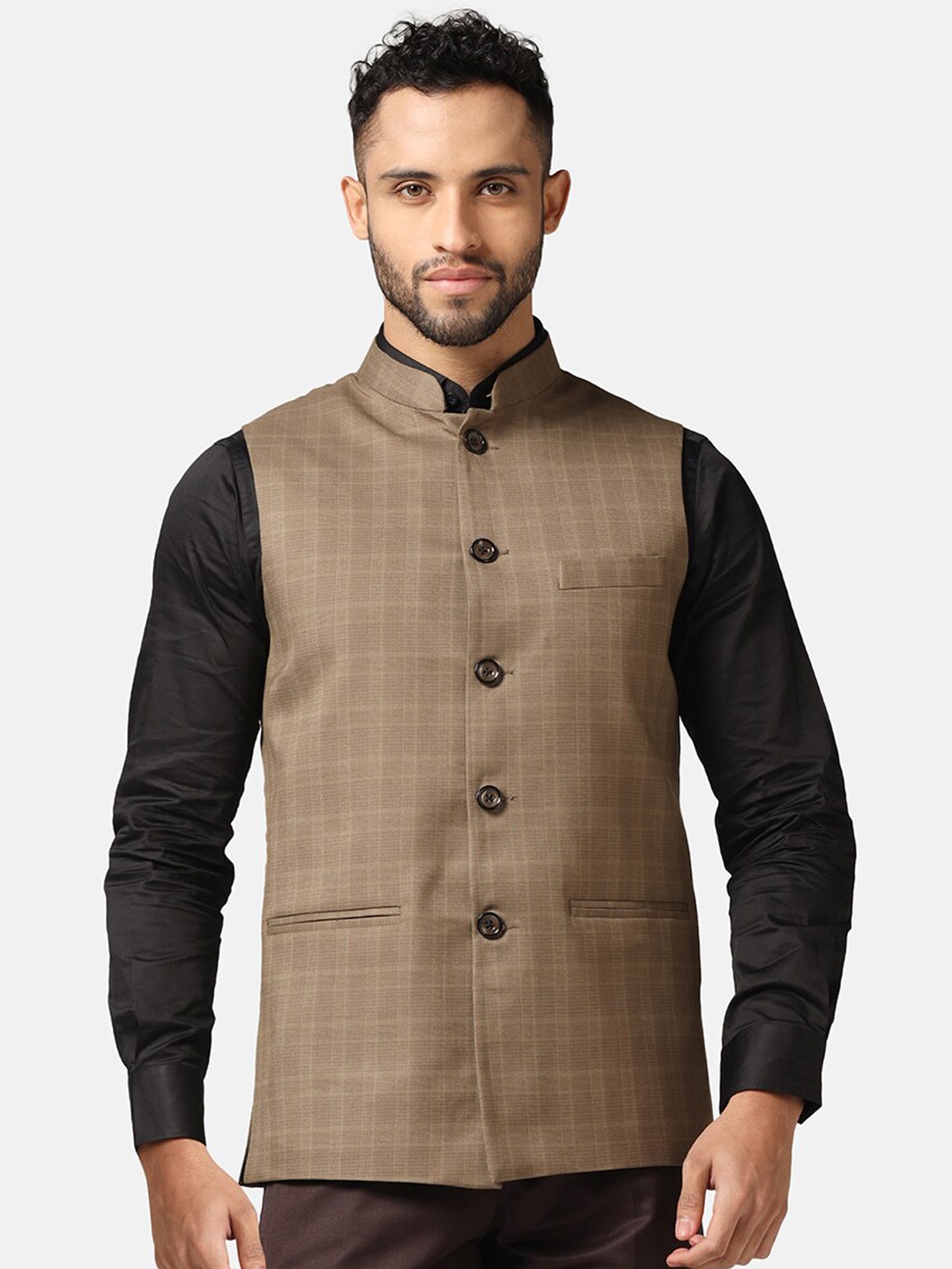 

TAHVO Mandarin Collar Checked Nehru Jacket, Brown