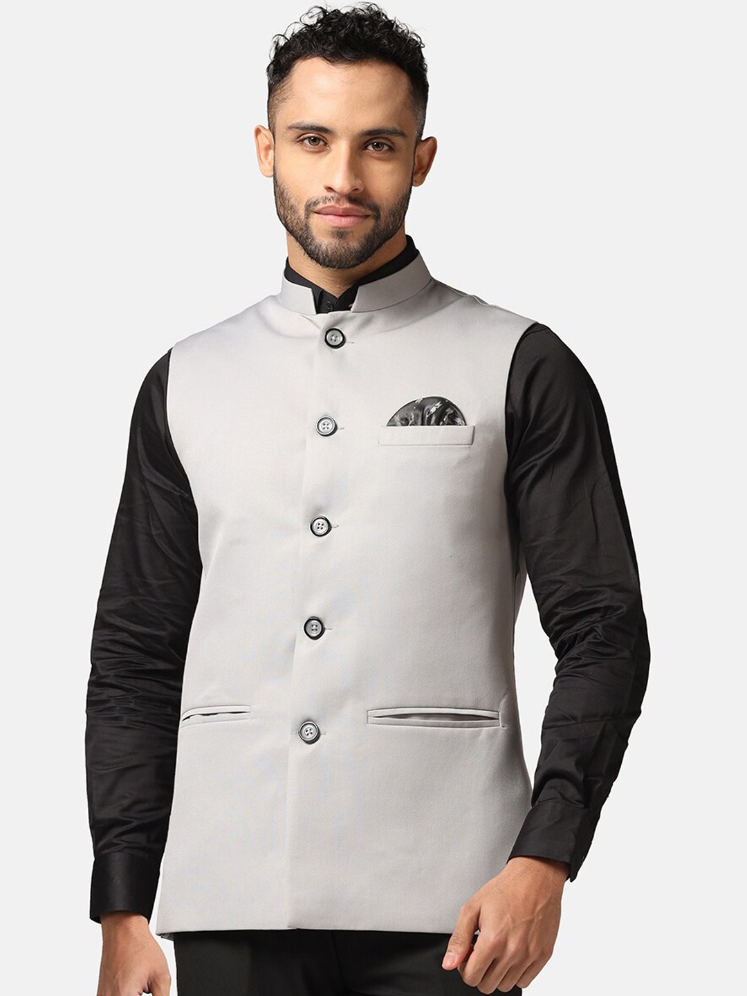 

TAHVO Mandarin Collar Nehru Jacket, Grey