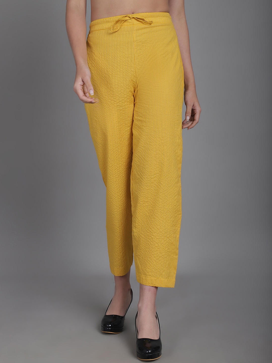 

Enchanted Drapes Women Stripes Textured Cotton Slim Fit Trousers, Yellow