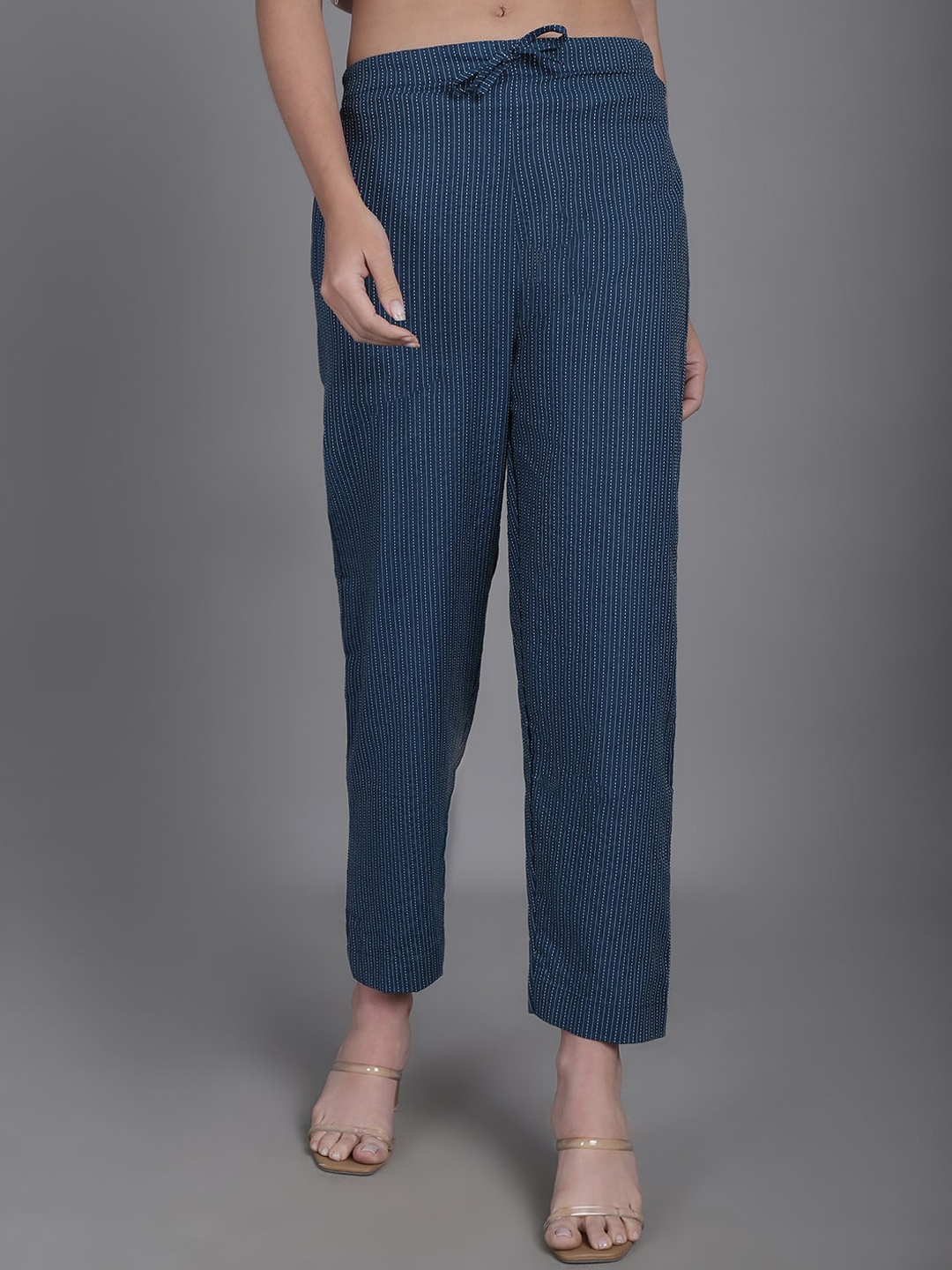 

Enchanted Drapes Women Stripes Textured Cotton Slim Fit Trousers, Turquoise blue