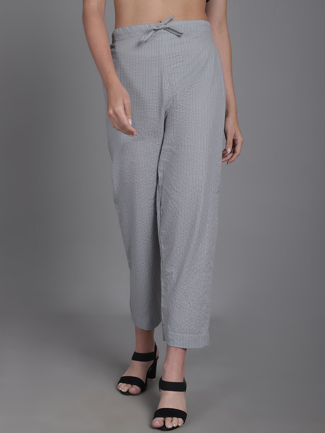 

Enchanted Drapes Women Stripes Textured Cotton Slim Fit Trousers, Grey