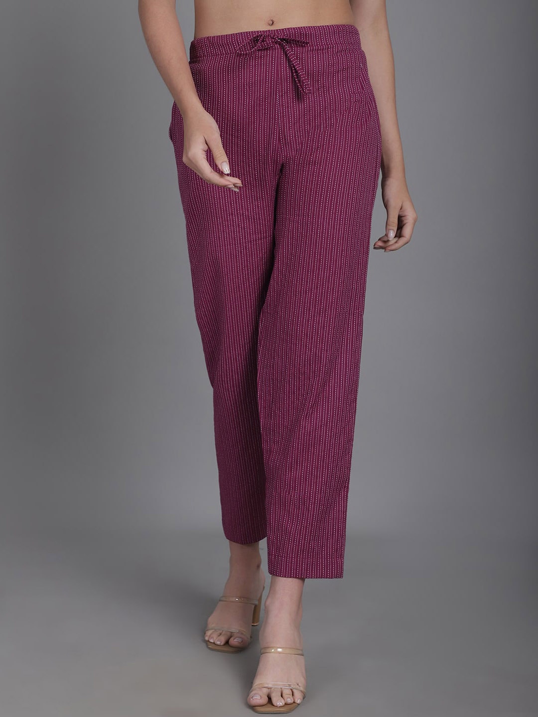 

Enchanted Drapes Women Stripes Textured Cotton Slim Fit Trousers, Magenta