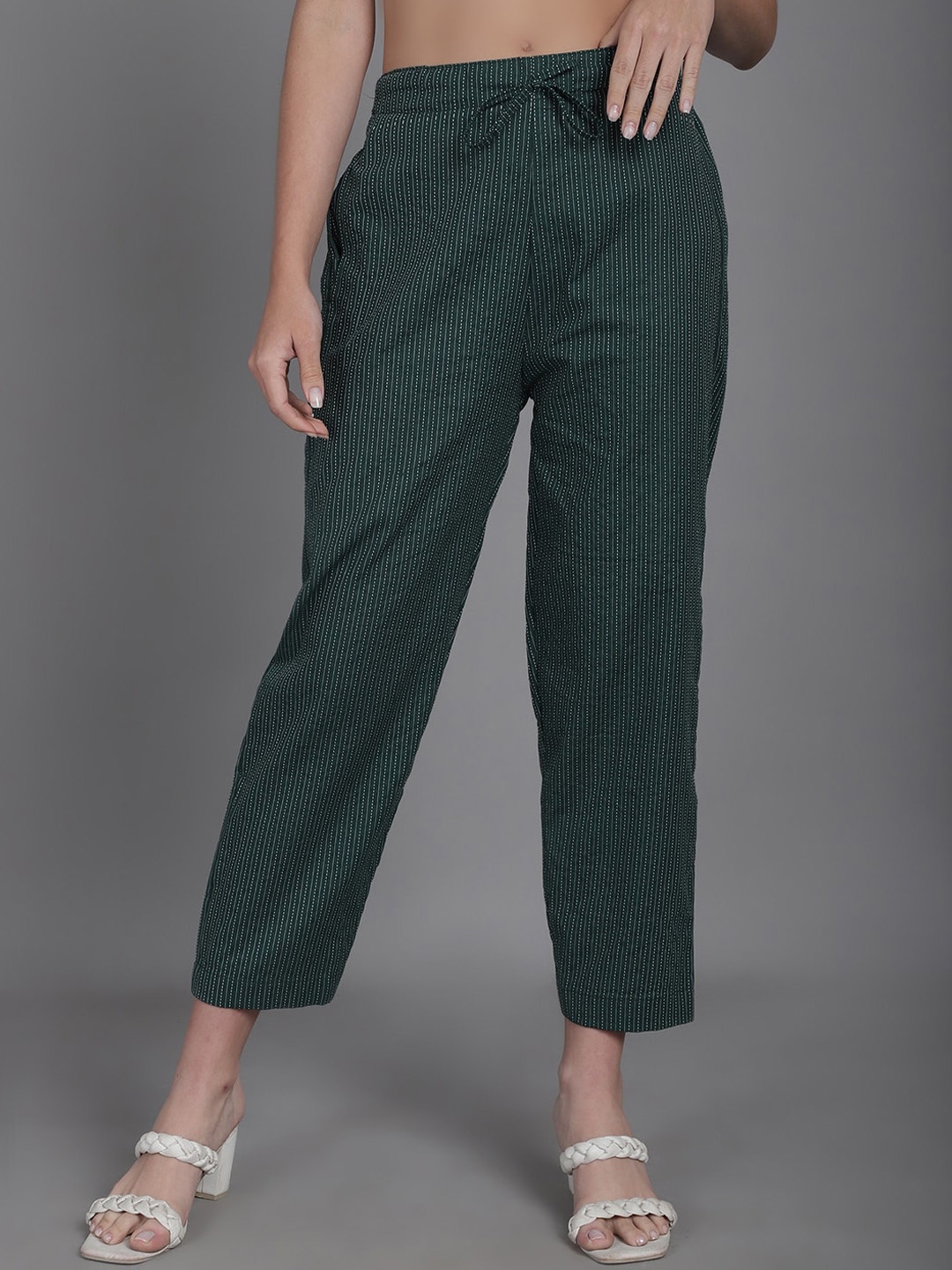 

Enchanted Drapes Women Self Design Tailored Slim Fit Mid-Rise Cotton Culottes Trousers, Green