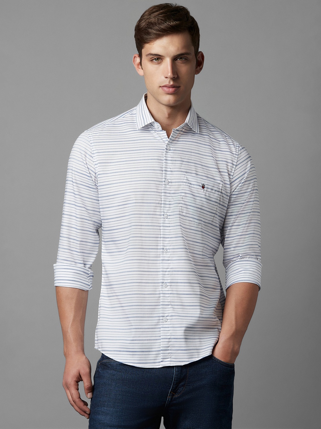 

Louis Philippe Sport Slim Fit Horizontal Striped Pure Cotton Casual Shirt, White